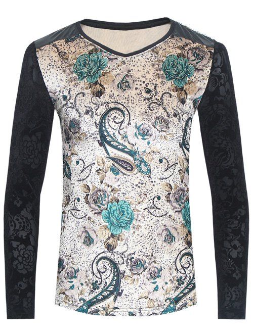 

Paisley Printed V Neck Pleuche T-Shirt, Black