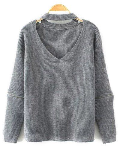 

Cut Out V Neck Choker Jumper, Gray