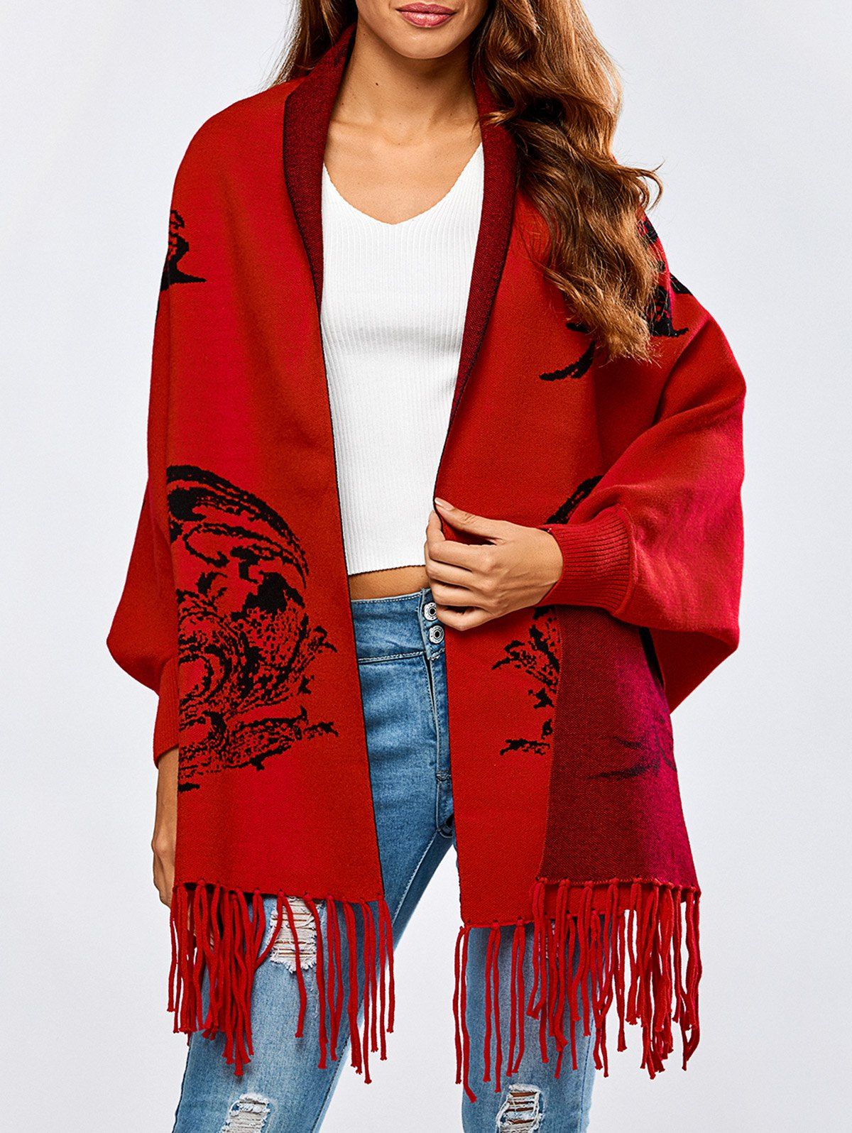[17% OFF] 2021 Tassels Cashmere Cape Cardigan In RED | DressLily