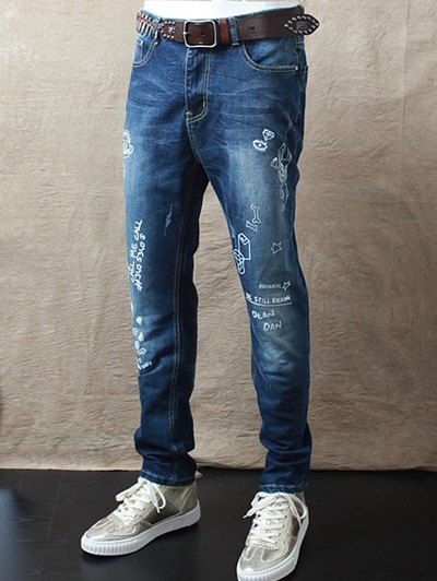 

Mid Waist Zipper Fly Scrawl Printed Jeans, Blue