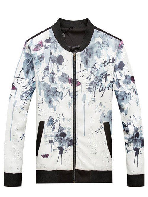 

Zip Up Stand Collar Ink Painting Print Jacket, White