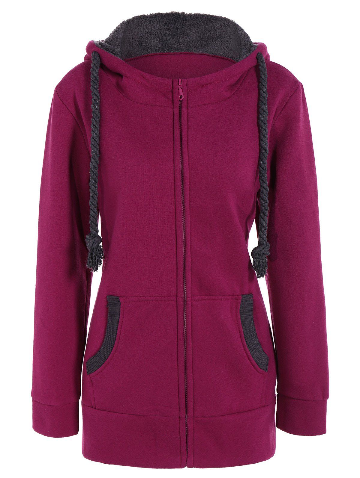 

Drawstring Zip Up Fleece Hoodie, Rose madder