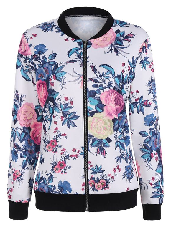 Floral Print Zipper Bomber Jacket - Blanc M