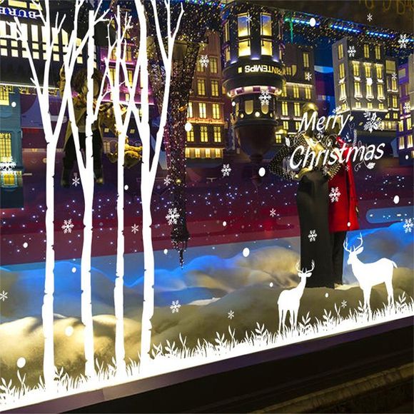 Autocollants Décoratifs pour Mur ou Fenêtre Motif Cerf et Inscription Merry Christmas - Blanc 