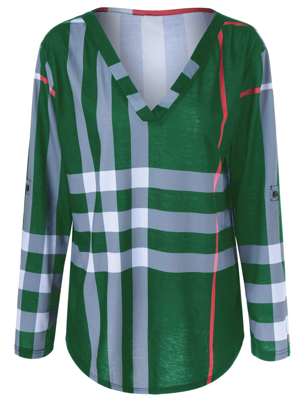 

Plus Size Adjustable Sleeve Striped T-Shirt, Green