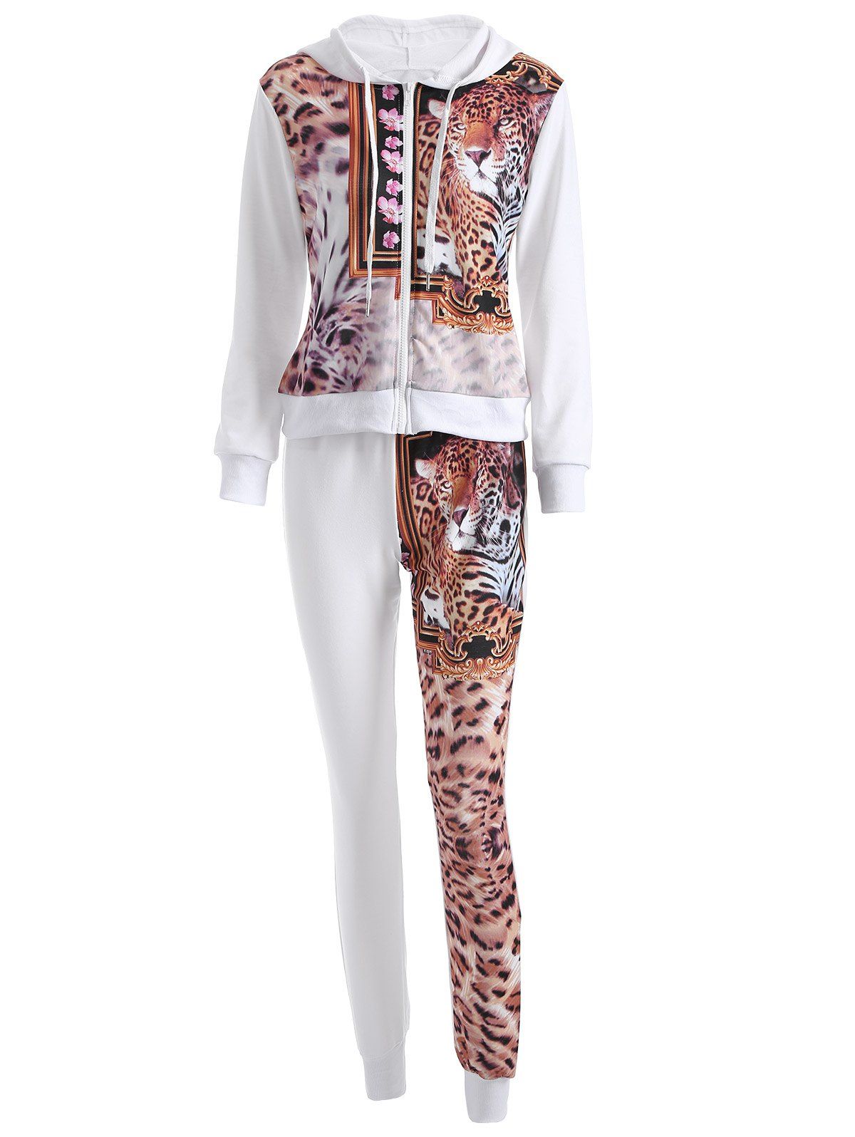 

Leopard Drawstring Hoodie and Pants Set, White