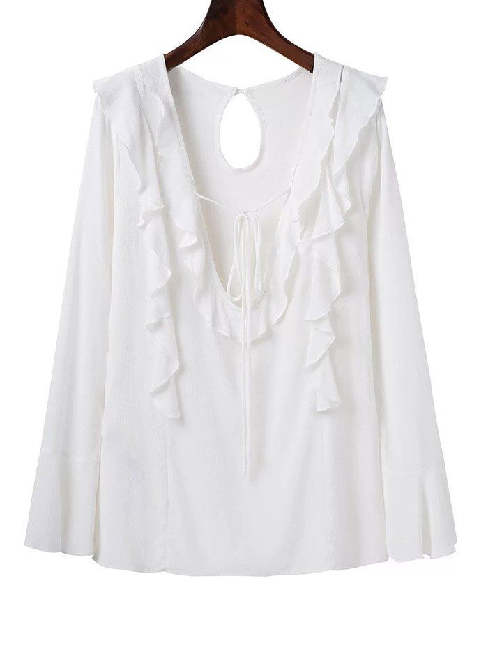 

Deep V Neck Long Sleeve Frilly Blouse, White