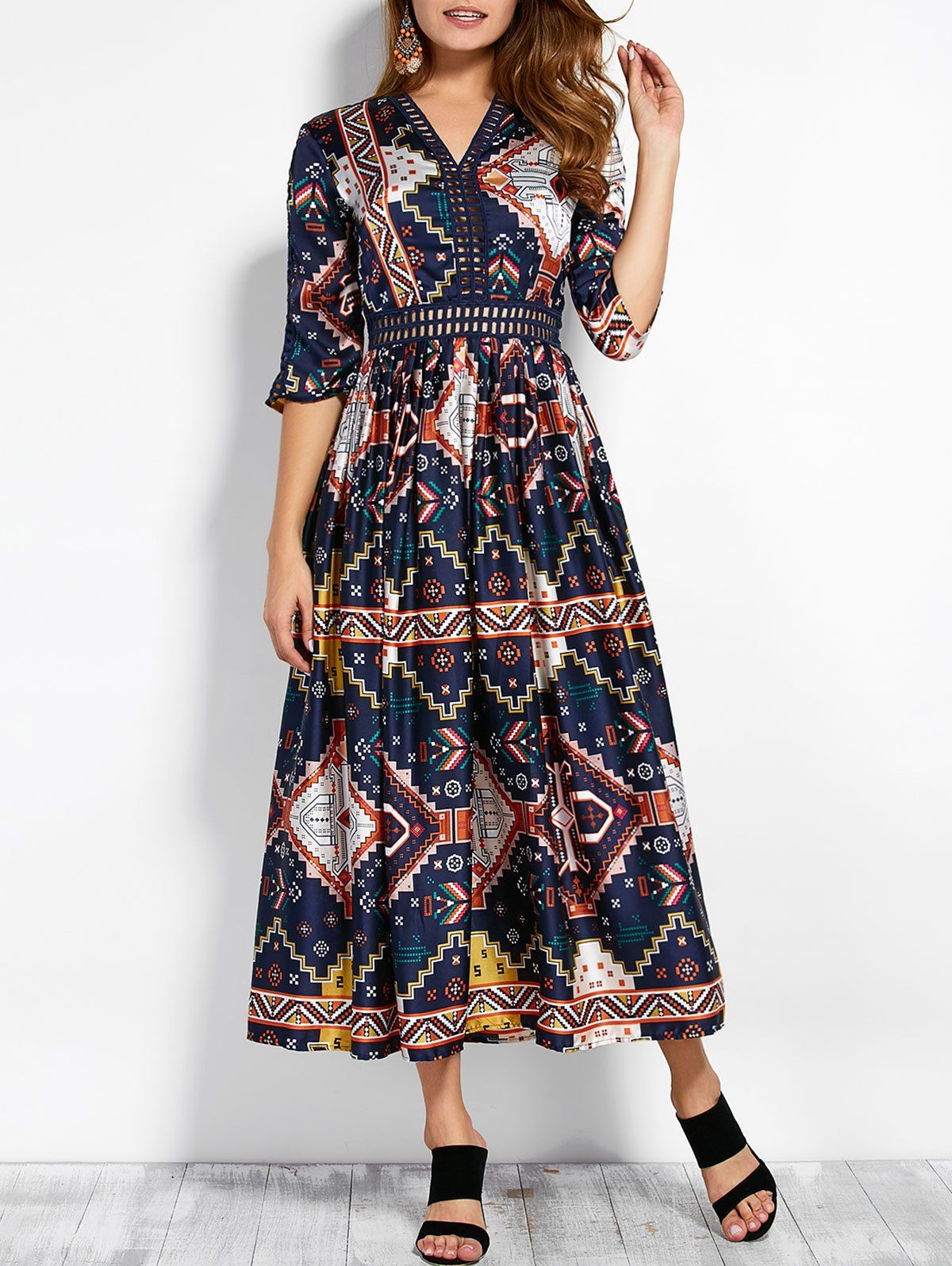 

V Neck Retro Print Hollow Out Maxi Dress, Colormix