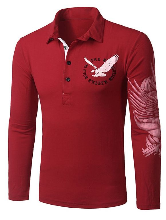 T-shirt à manches longues pour hommes avec col rabattu et imprimé aigle animal - Clairet L