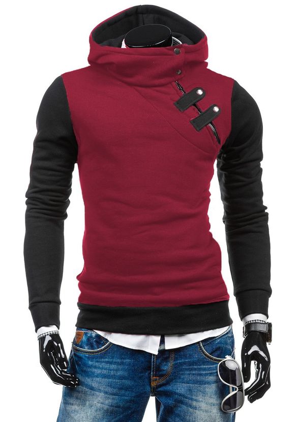 Sweatshirt à Capuche Amincissant Deux Tons avec Zip à Moitié sur le Côté - Rouge XL