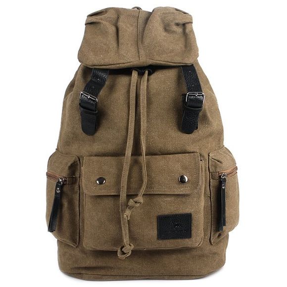 Double Buckle Pocket Drawstring Backpack - Kaki 