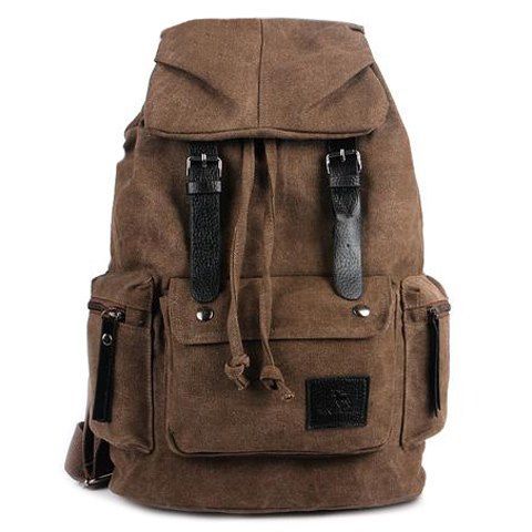 Double Buckle Pocket Drawstring Backpack - marron foncé 