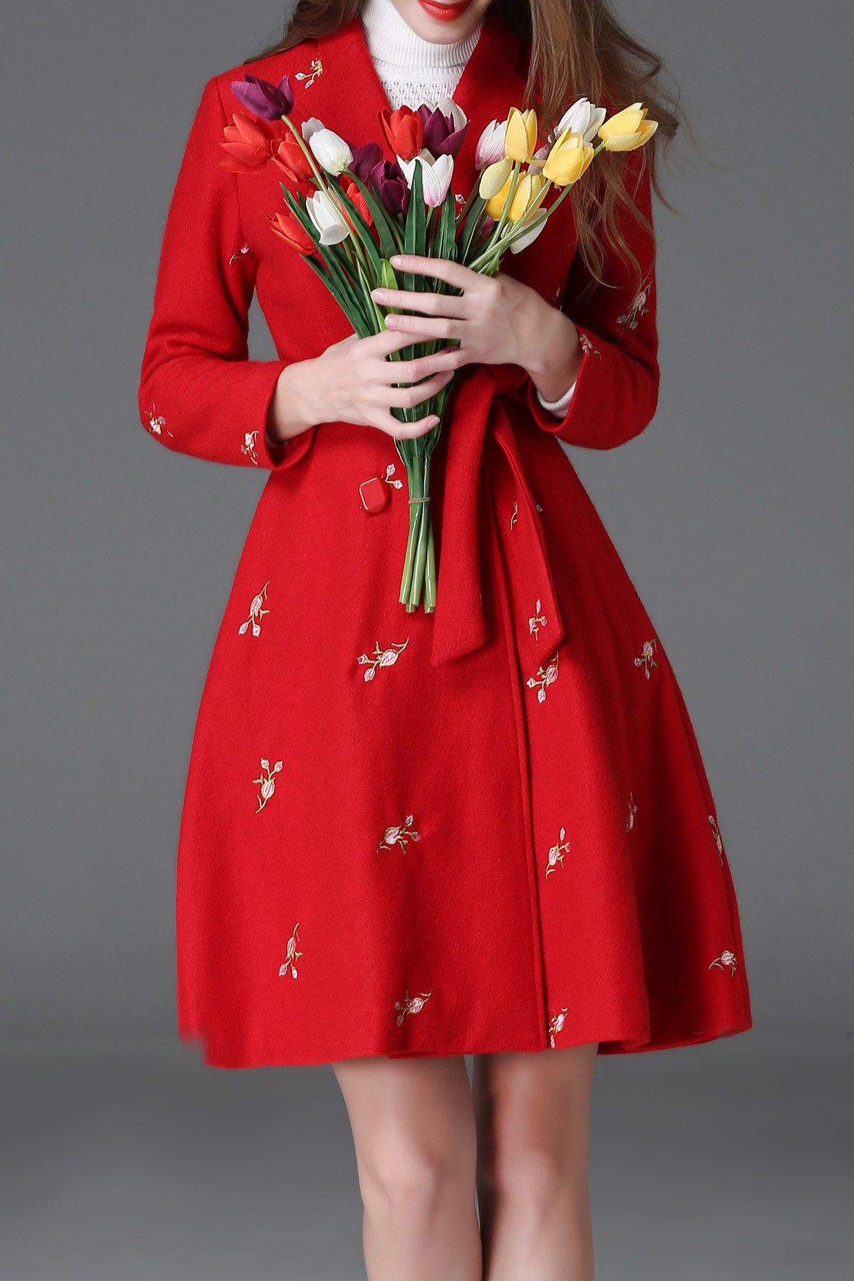 

Embroidered Skirted Wool Blend Coat, Red