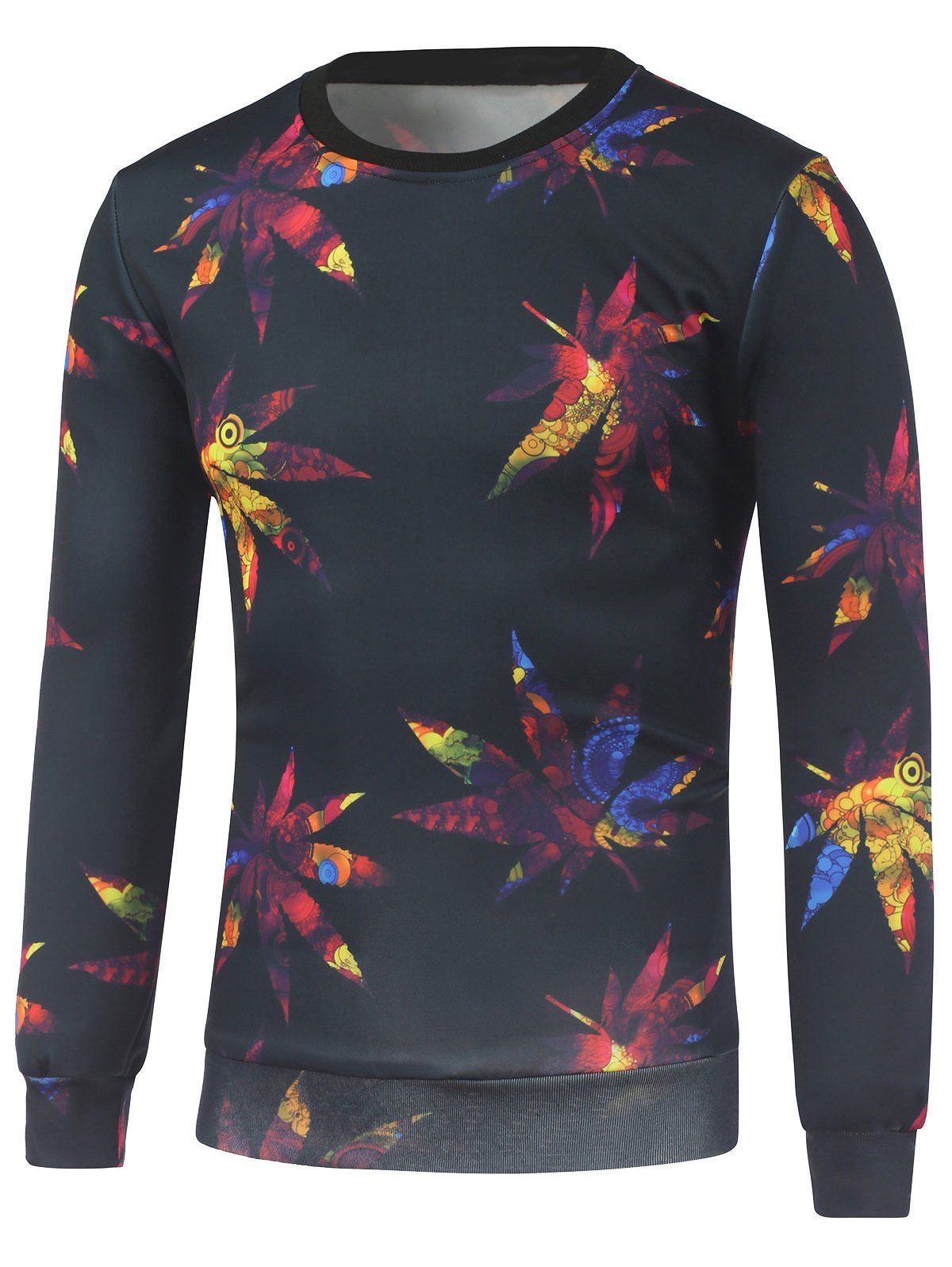 

Maple Leaves Print Crew Neck Sweatshirt, Black