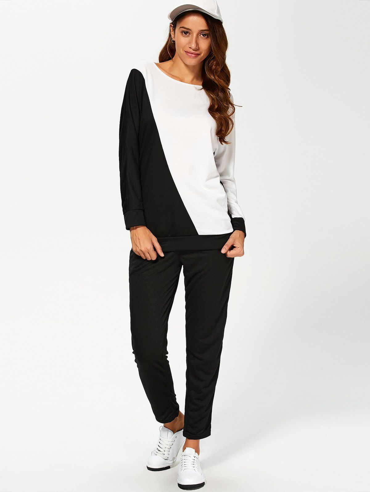 

Color Block Sweatshirt With Pants Suit, White and black