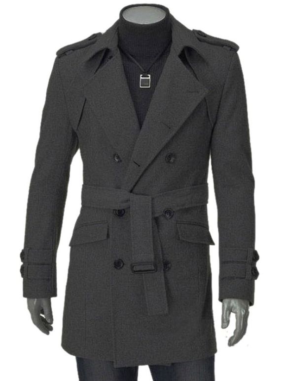 Manteau long en laine à double boutonnage avec épaulettes - Gris L