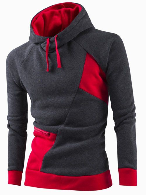 

Inclined Zipper Classic Color Lump Splicing Rib Hem Slimming Hooded Long Sleeves Men's Hoodie, Red