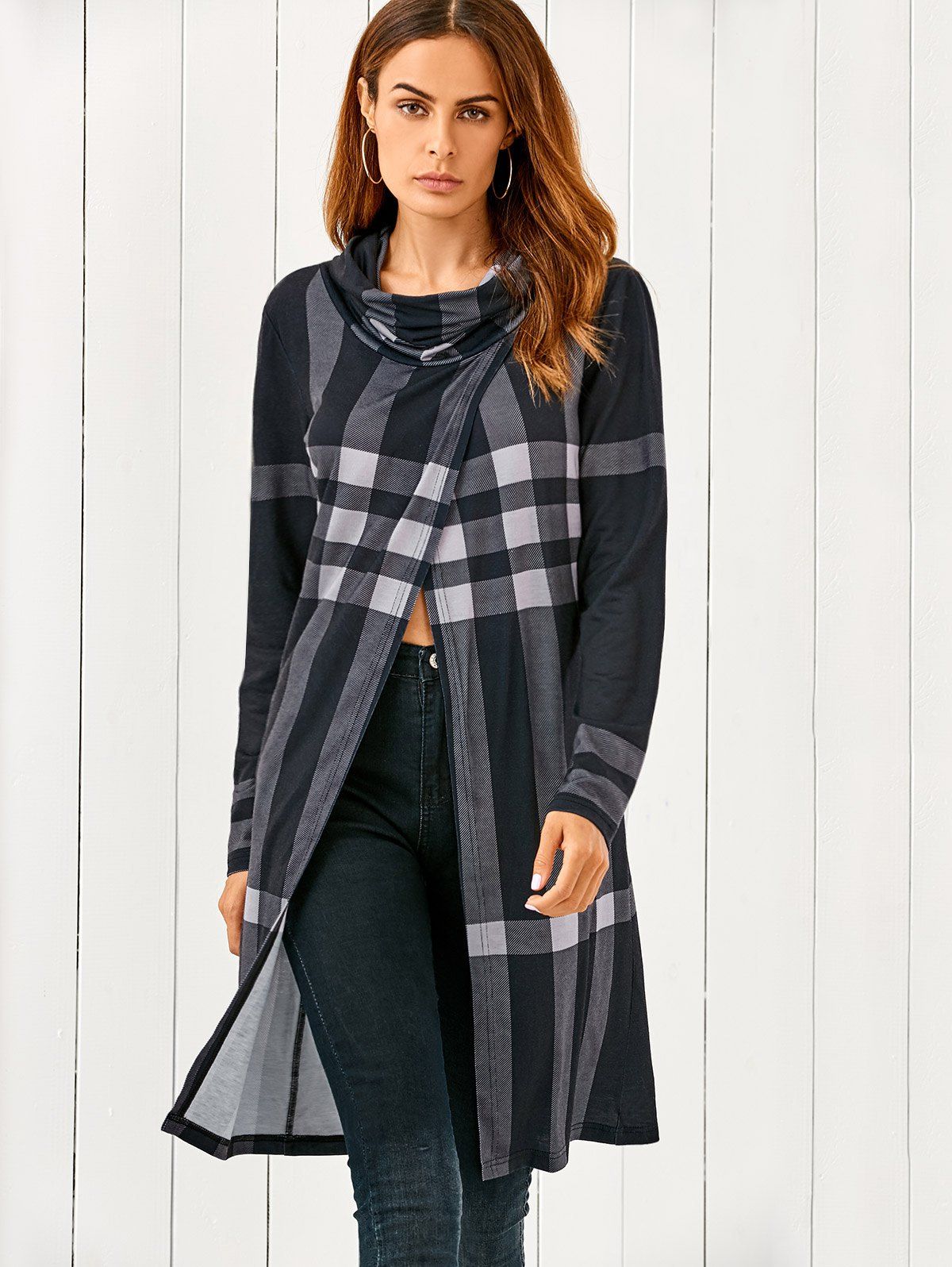 

Cowl Neck Front Slit Plaid T-Shirt, Checked