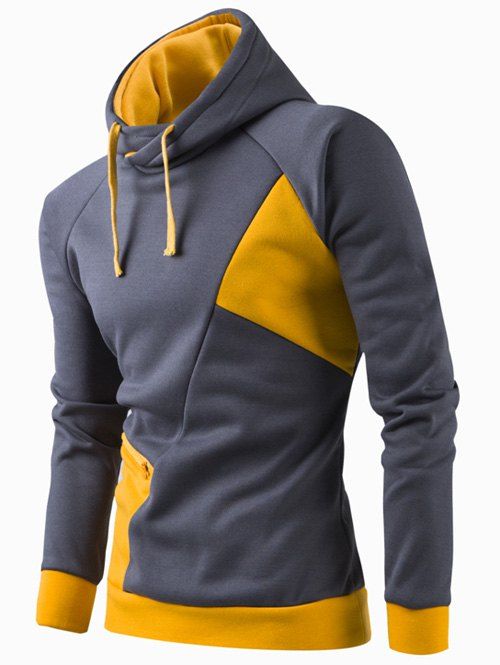 

Inclined Zipper Classic Color Lump Splicing Rib Hem Slimming Hooded Long Sleeves Men's Hoodie, Yellow