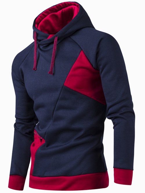 

Inclined Zipper Classic Color Lump Splicing Rib Hem Slimming Hooded Long Sleeves Men's Hoodie, Cadetblue