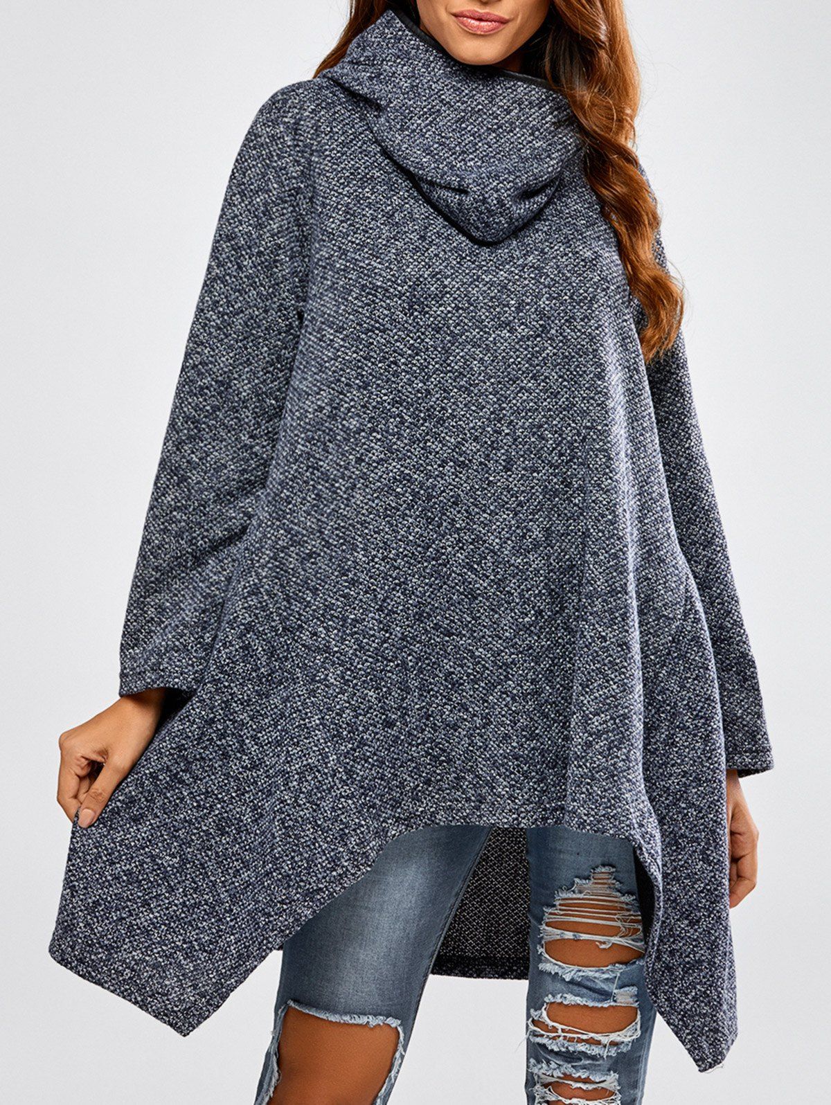 

Hooded Asymmetric Loose Sweater, Cadetblue