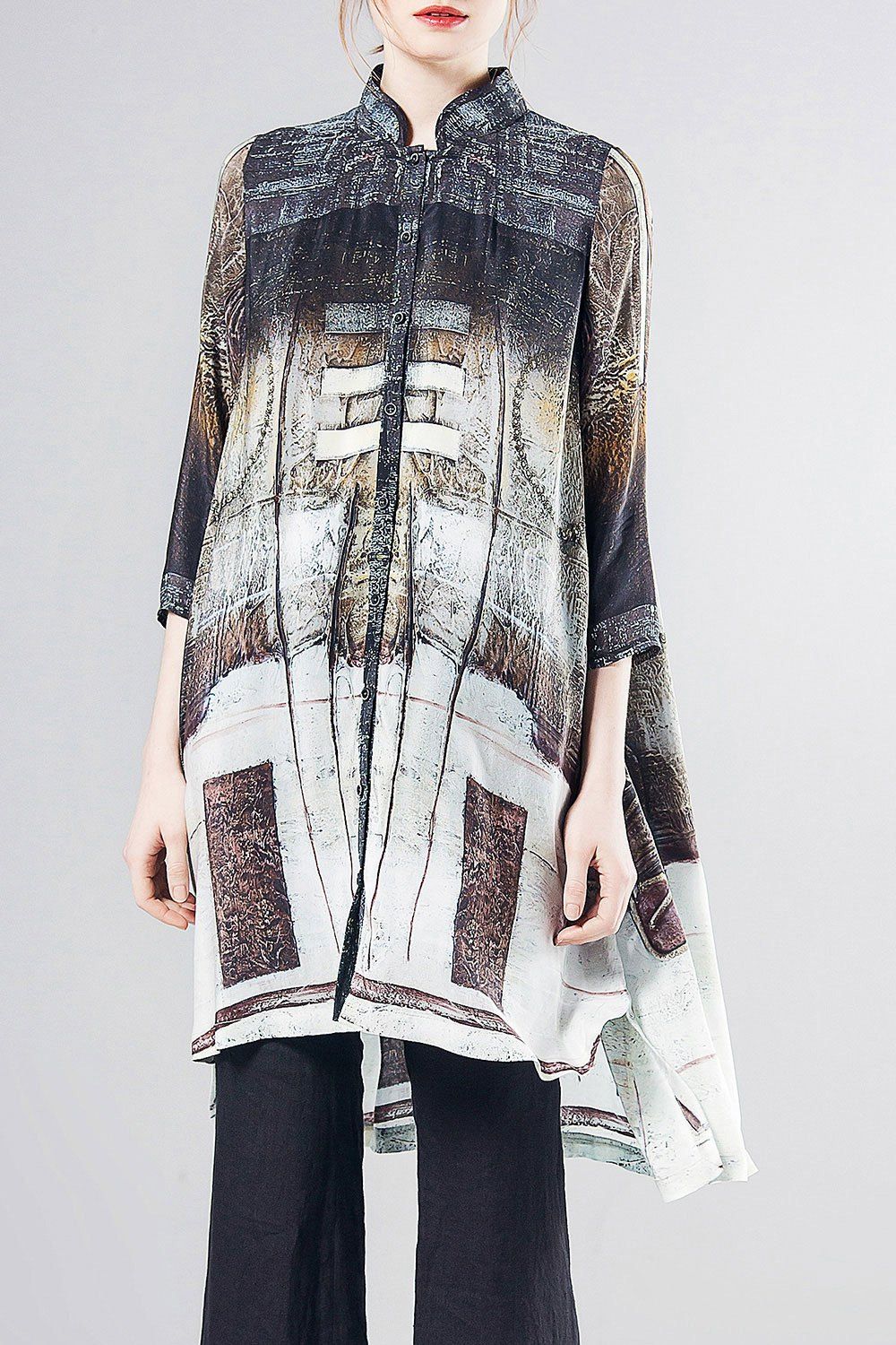 

High Low Print Tunic Silk Blouse, Colormix