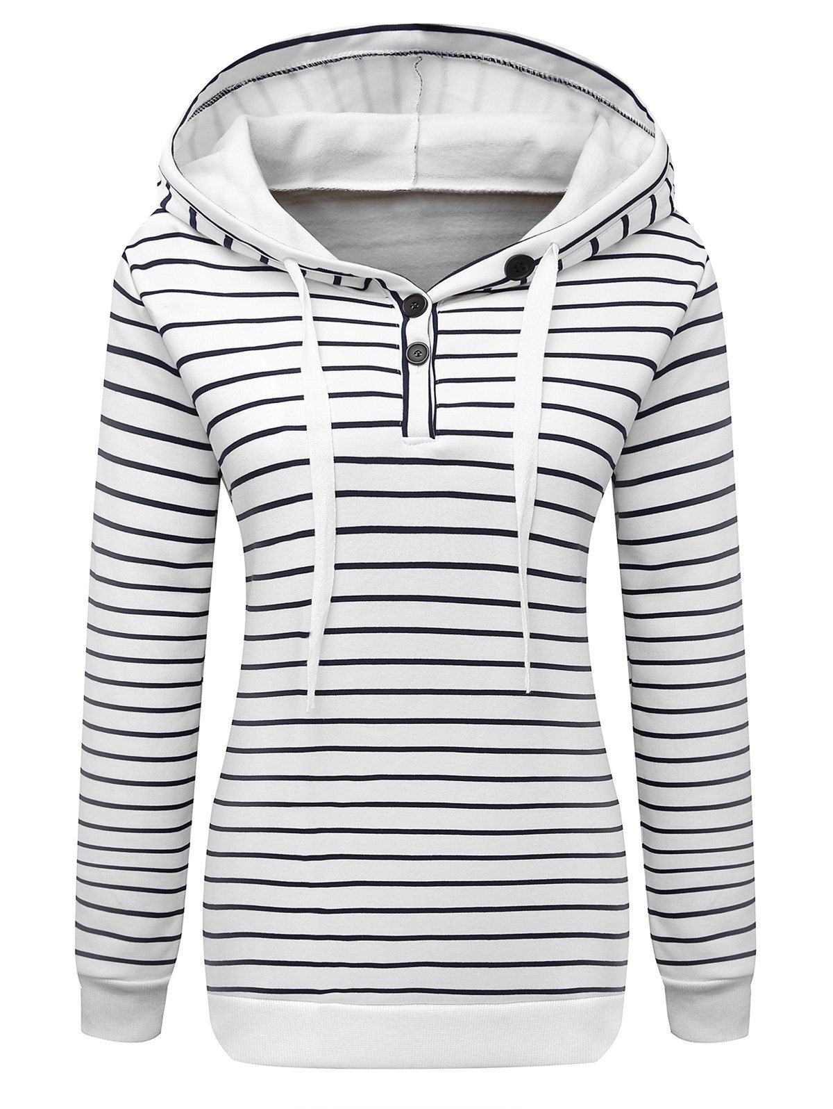 

Long Sleeve Button Striped Drawstring Hoodie, White