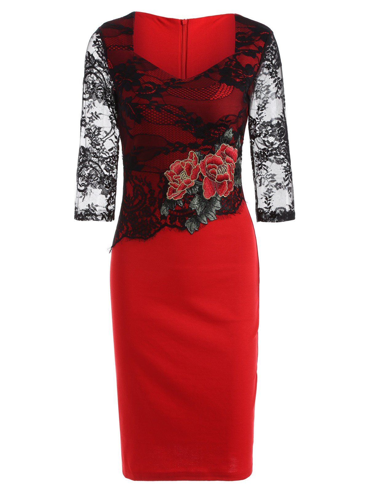 

Rose Embroidered Lace Insert Pencil Sweetheart Dress, Red