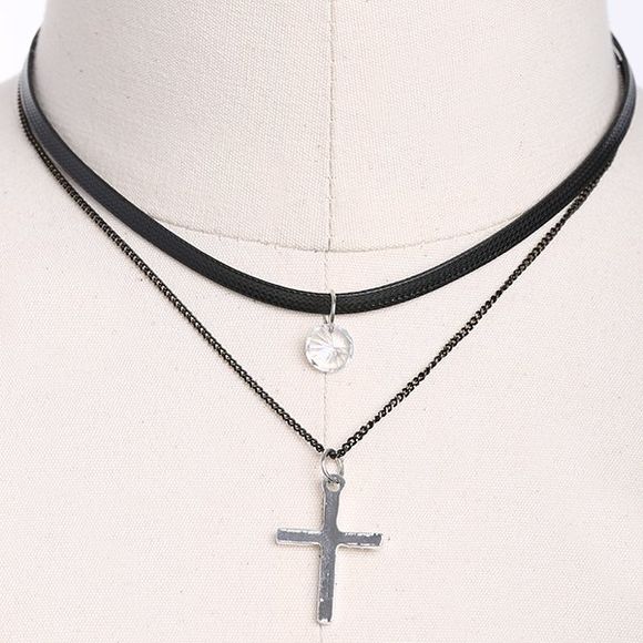 Vintage Layered strass Collier Crucifix - Noir 