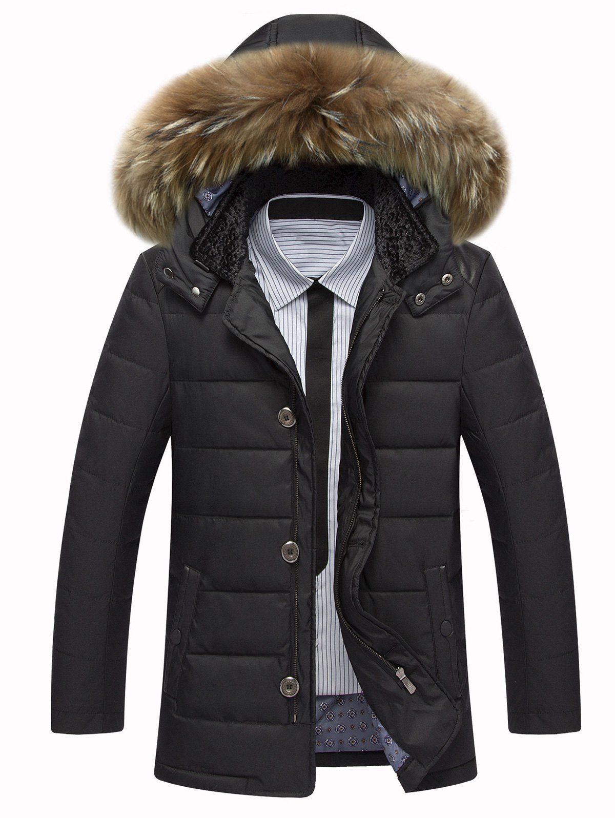 

Detachable Faux Fur Hood Zippered Padded Jacket, Black