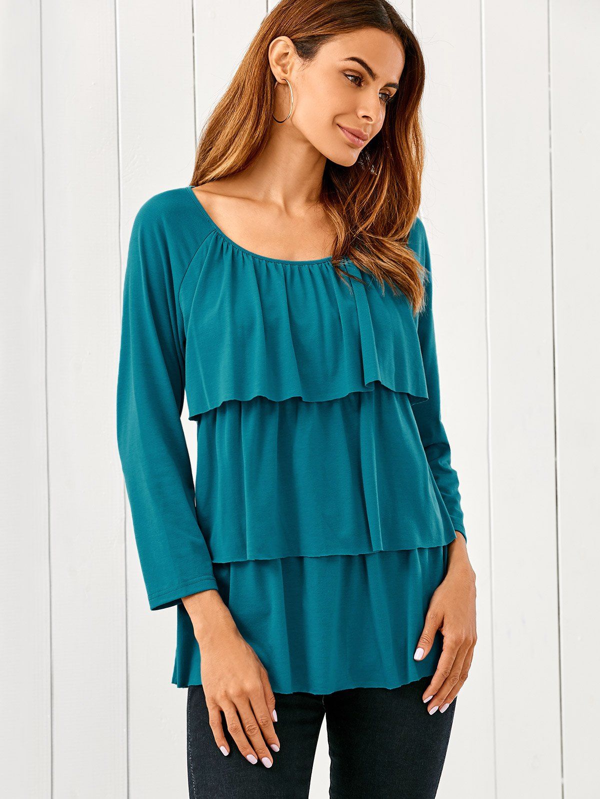 

Raglan Sleeve Layered Blouse, Lake blue