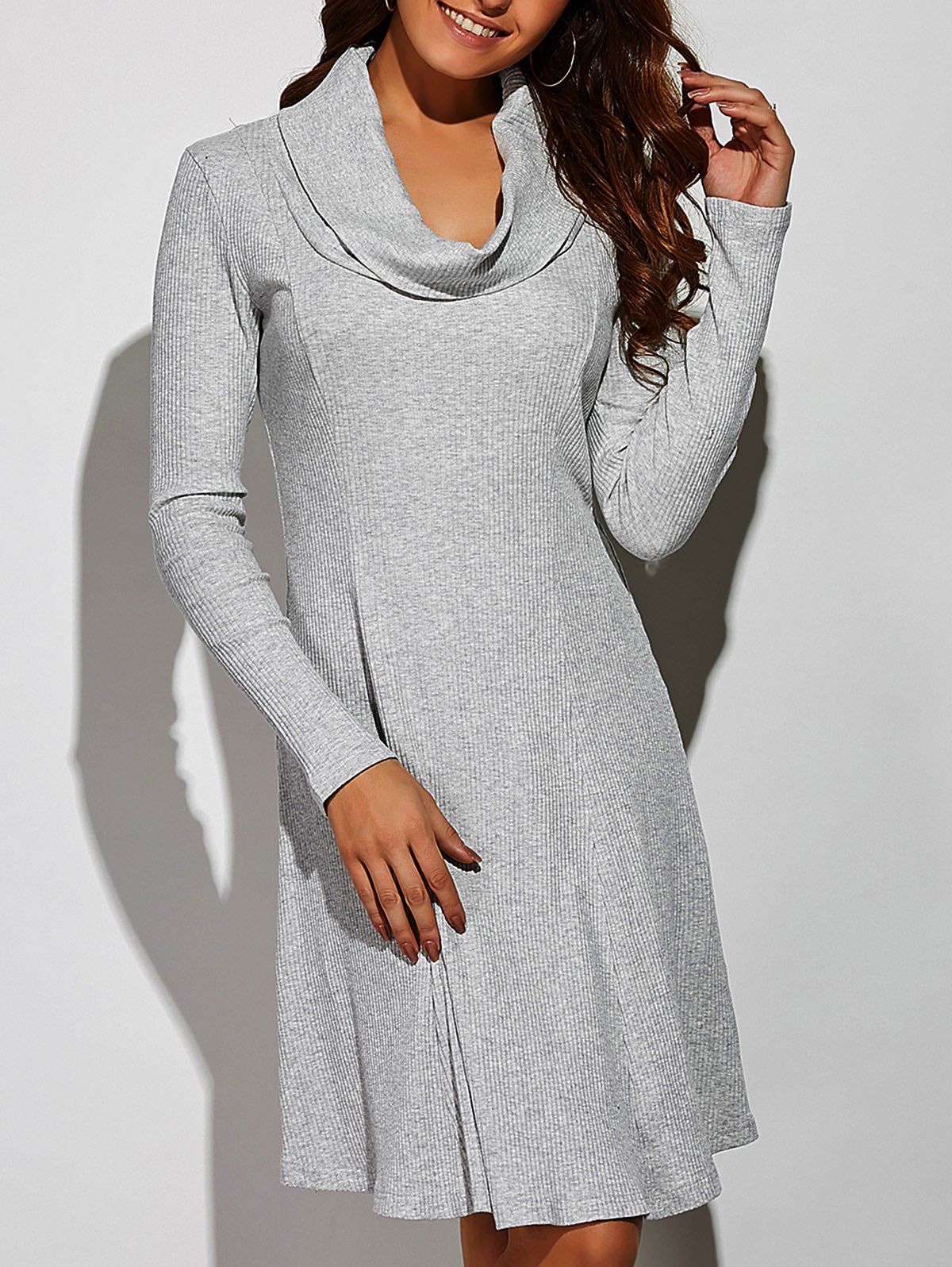 [41 OFF] 2021 Cowl Neck Ribbed ALine Dress In LIGHT GRAY DressLily