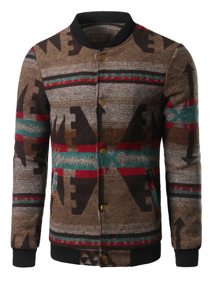 

Retro Stand Collar Button Up Jacquard Jacket, Brown