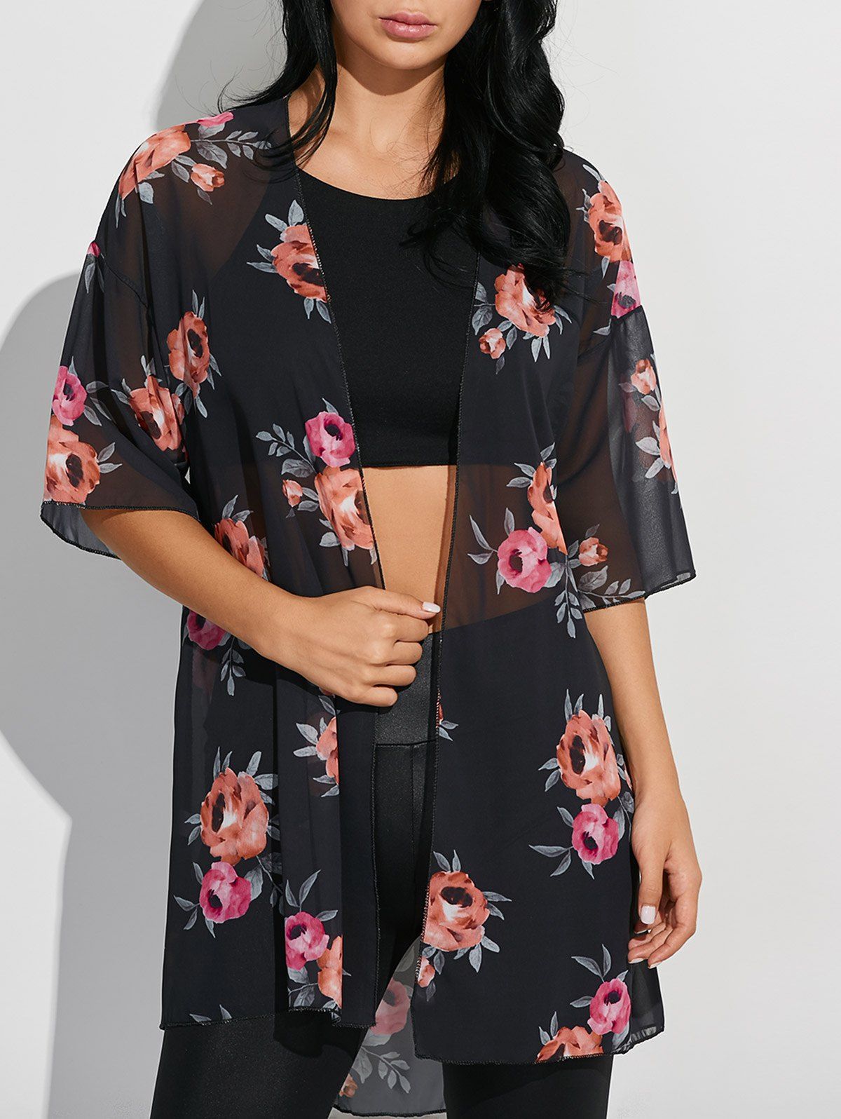 [41 OFF] 2021 Casual Floral Print Chiffon Kimono In BLACK DressLily