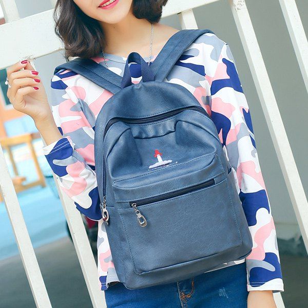 2018 Zippers PU Leather Embroided Backpack CADETBLUE In Backpacks