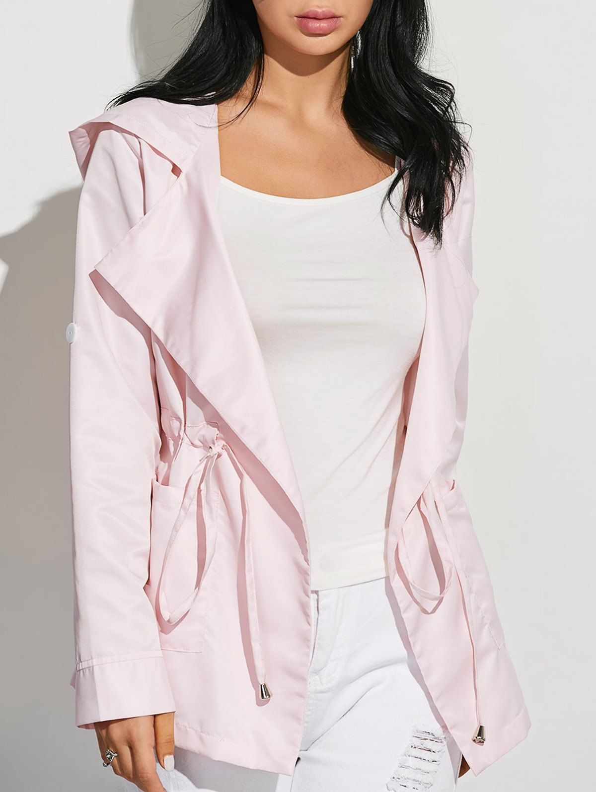 

Drawstring Waist Hooded Casual Trench Jacket, Pink