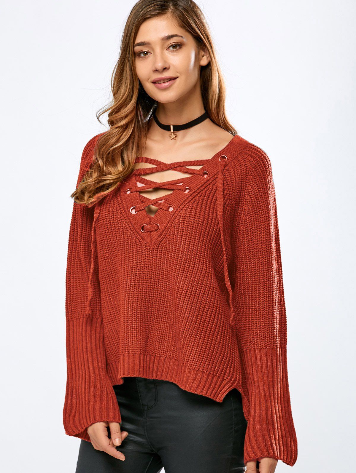 V Neck Long Sleeve Lace Up Sweater - ORANGE ONE SIZE