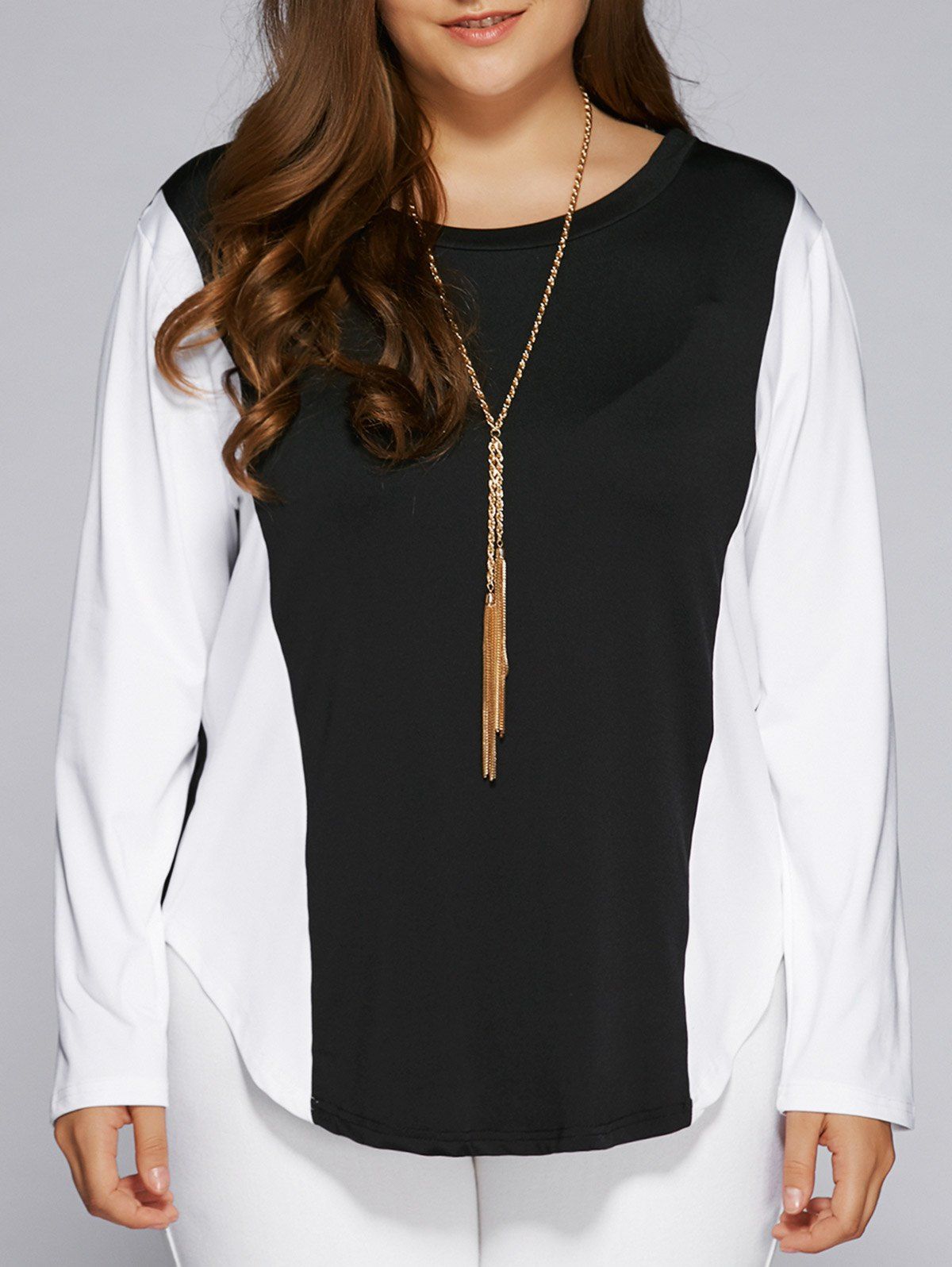 

Plus Size Color Block Long Sleeve Top, White and black