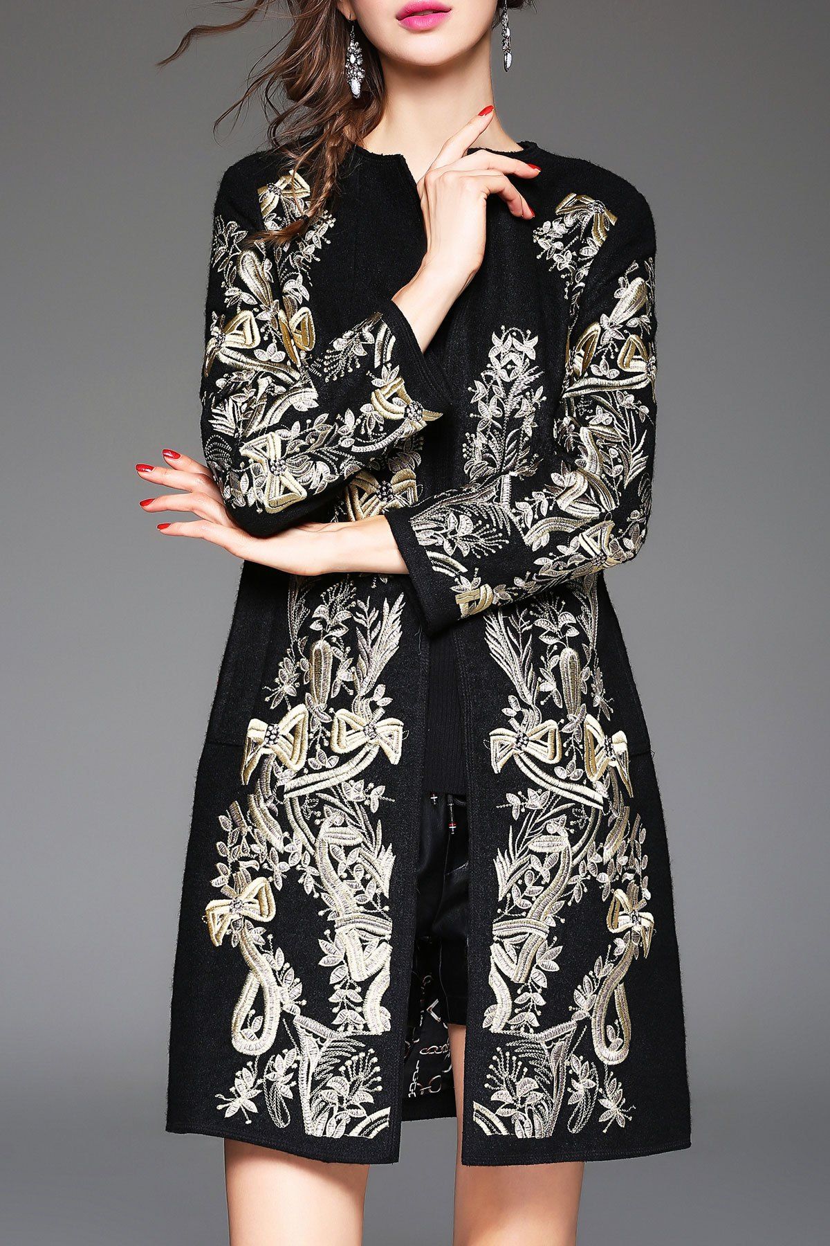 

Embroidered Wool Blend Wrap Coat, Black