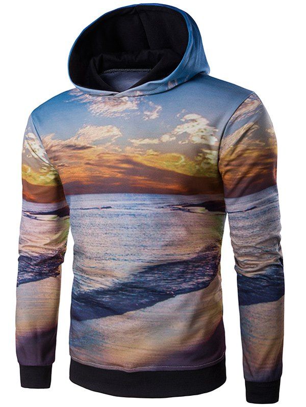

3D Dusk and Beach Print Hooded Hoodie, Colormix