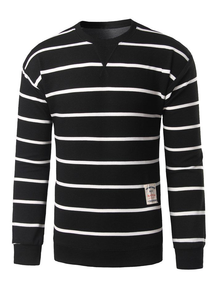

Notch Neck Patch Design Striped Sweatshirt, Black