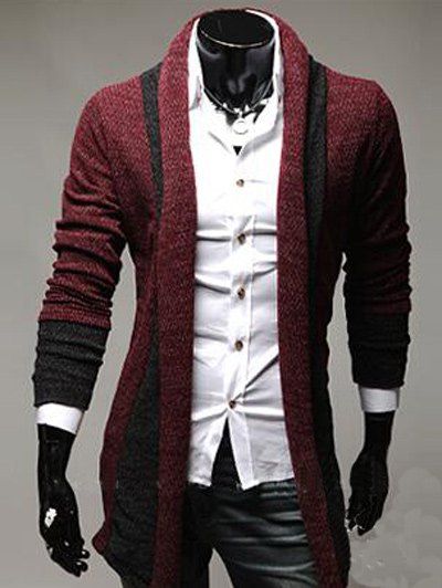 Long Cardigan tricoté en bloc de couleurs épissées - Rouge vineux XL