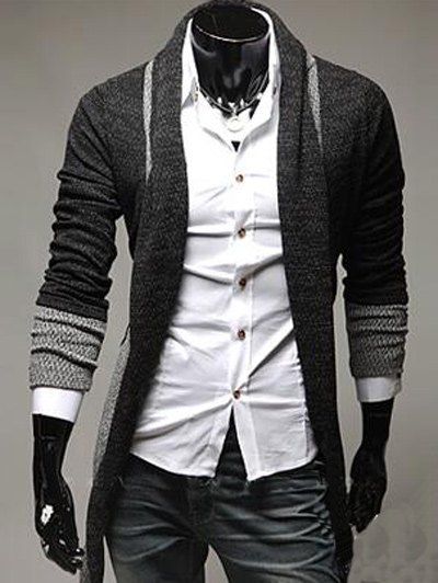 

Longline Color Block Panel Knitting Cardigan, Deep gray