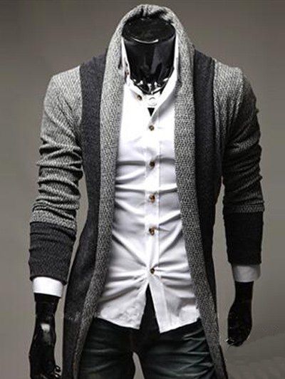 Long Cardigan tricoté en bloc de couleurs épissées - Gris Clair M