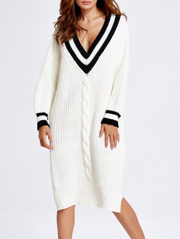 V Neck Oversized Slit Midi Sweater Dress - WHITE ONE SIZE
