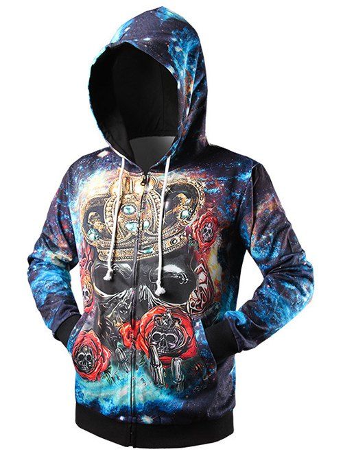 

Zip Up Side Pocket Crown Skull 3D Print Hoodie, Blue