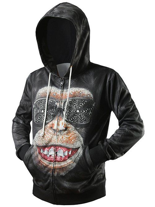 

Side Pocket Zip Up 3D Gorilla Printed Hoodie, Black