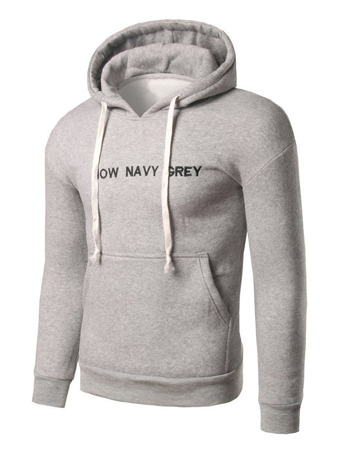 

Kangaroo Pocket Letter Embroidery Pullover Hoodie, Light grey