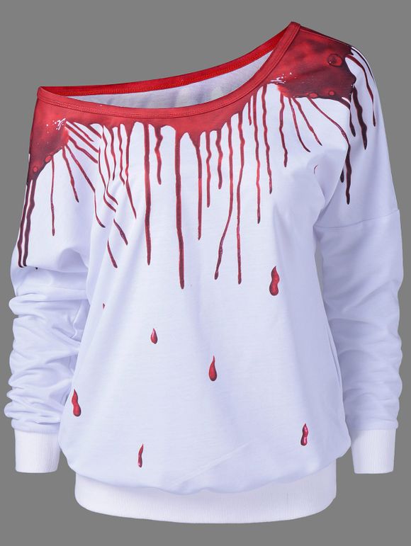 Sweat-shirt imprimé de goutte de peinture à col asymétrique - Rouge et Blanc XL