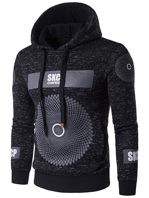 

Graphic and Geometric Print Drawstring Cotton Blends Hoodie, Black
